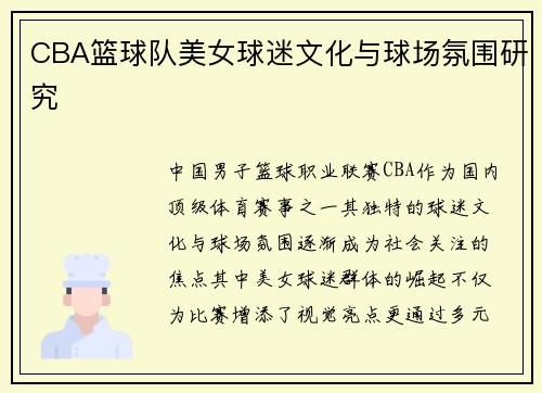 CBA篮球队美女球迷文化与球场氛围研究
