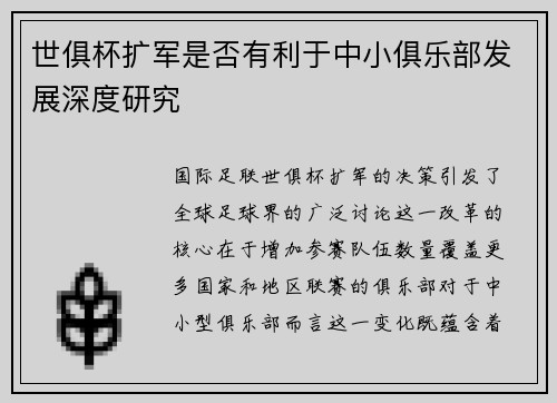 世俱杯扩军是否有利于中小俱乐部发展深度研究